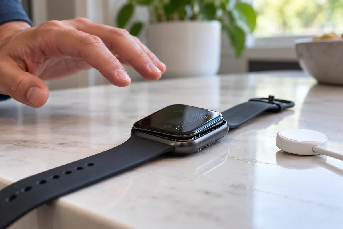 Une montre humide au boîtier soulevé reste éloignée de son chargeur.