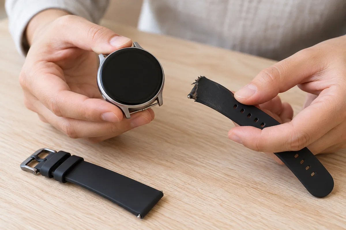 Un bracelet déchiré est comparé à un bracelet intact près d'une montre ronde.