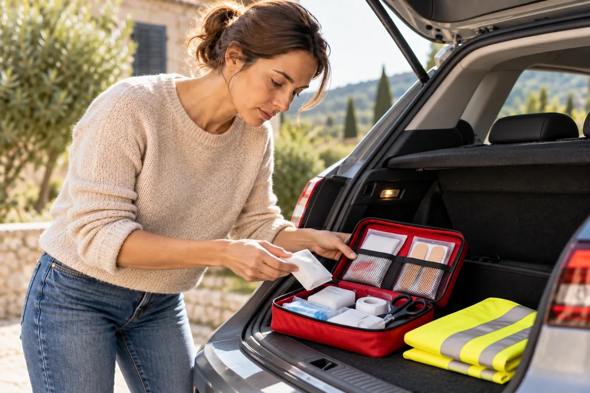 Trousse de secours ouverte dans le coffre d'une voiture