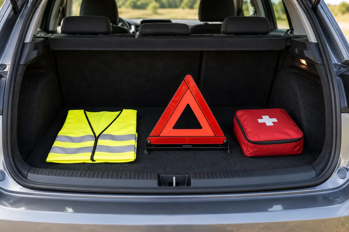 Gilet haute visibilité et triangle de présignalisation dans le coffre d'une voiture