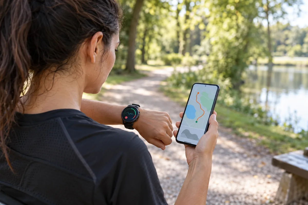 Une sportive compare les données abstraites de son téléphone et de sa montre.