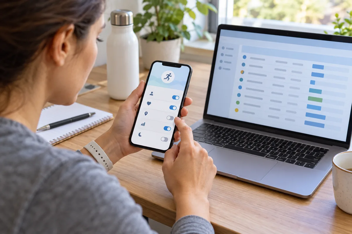 Une personne vérifie des réglages génériques sur son téléphone et un export sur ordinateur.