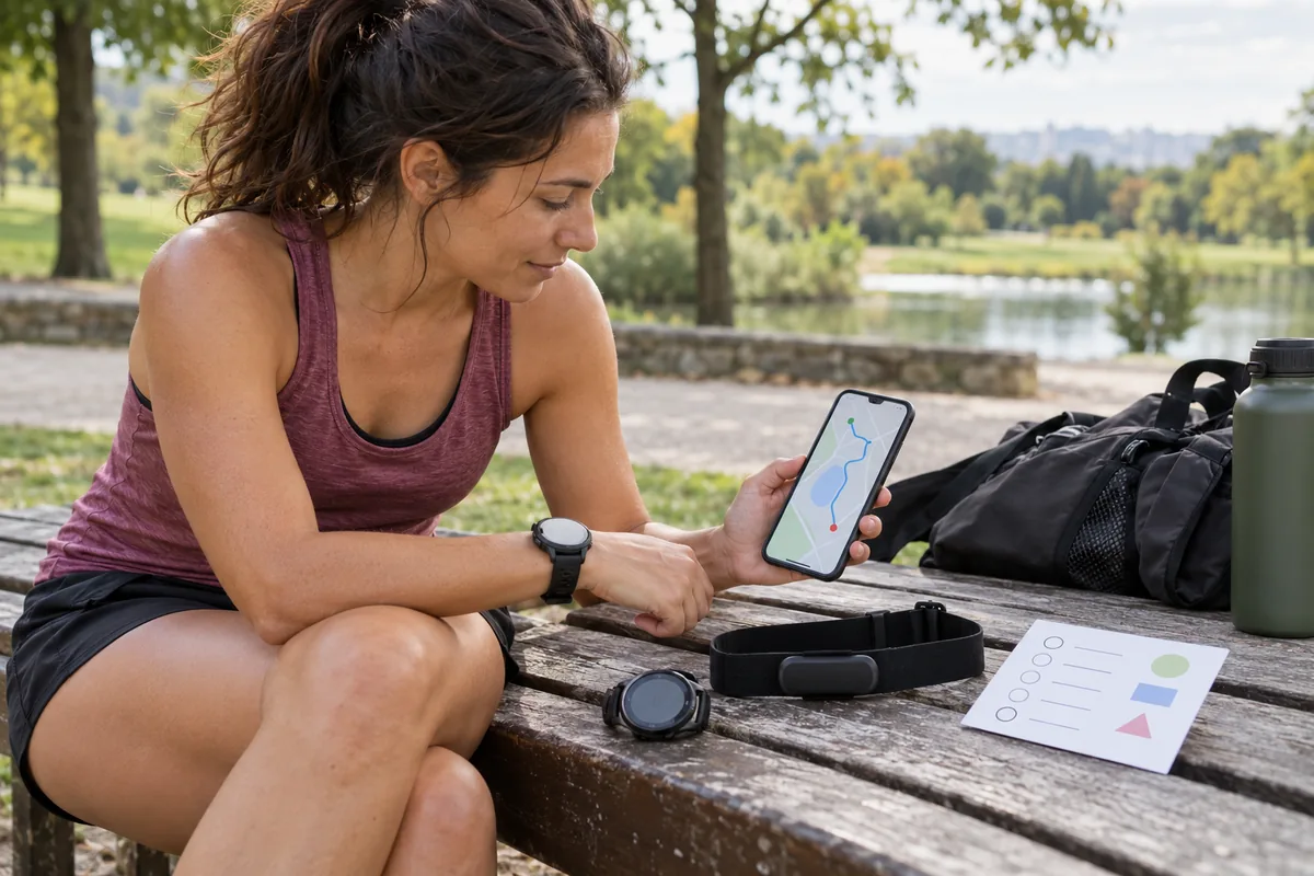 Une sportive compare un téléphone, une montre et une ceinture cardiaque après une sortie.