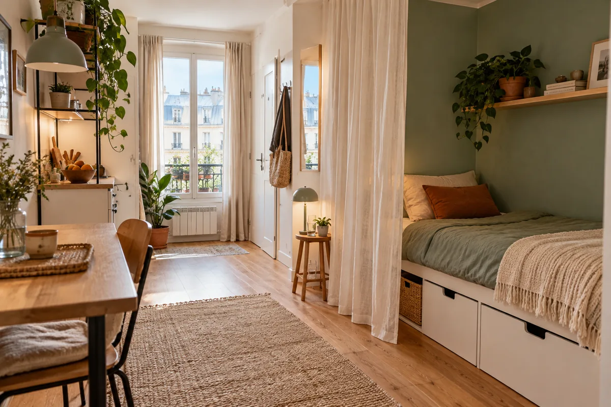 Studio lumineux où un lit à tiroirs, installé dans une alcôve vert sauge, est isolé du séjour par un rideau voilé