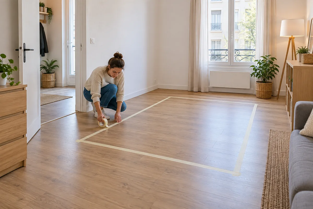 Une femme trace au ruban adhésif l'emprise d'un lit sur le parquet d'un petit studio, entre la porte et le canapé.
