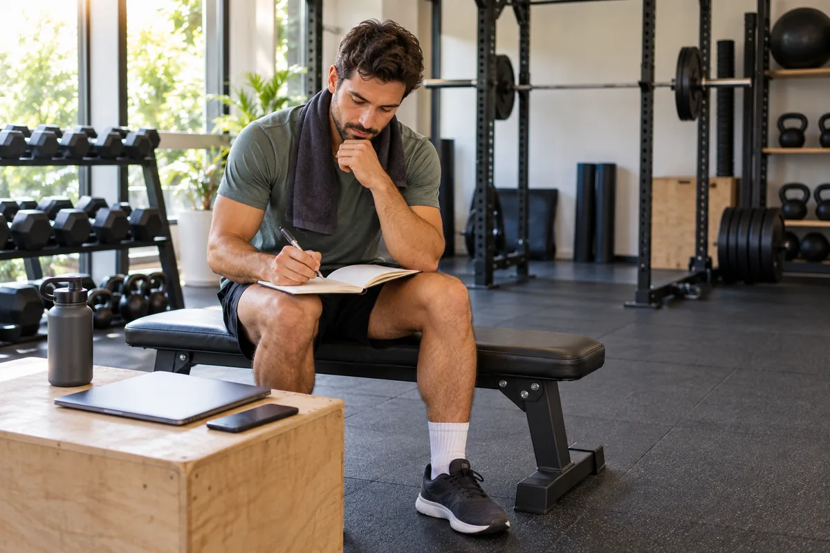 Homme assis sur un banc de musculation notant dans un carnet, ordinateur portable, téléphone et gourde posés à côté