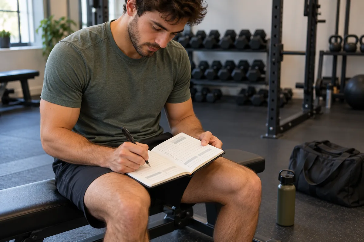 Un sportif assis sur un banc note sa séance dans un carnet papier au milieu d’une salle d’entraînement.