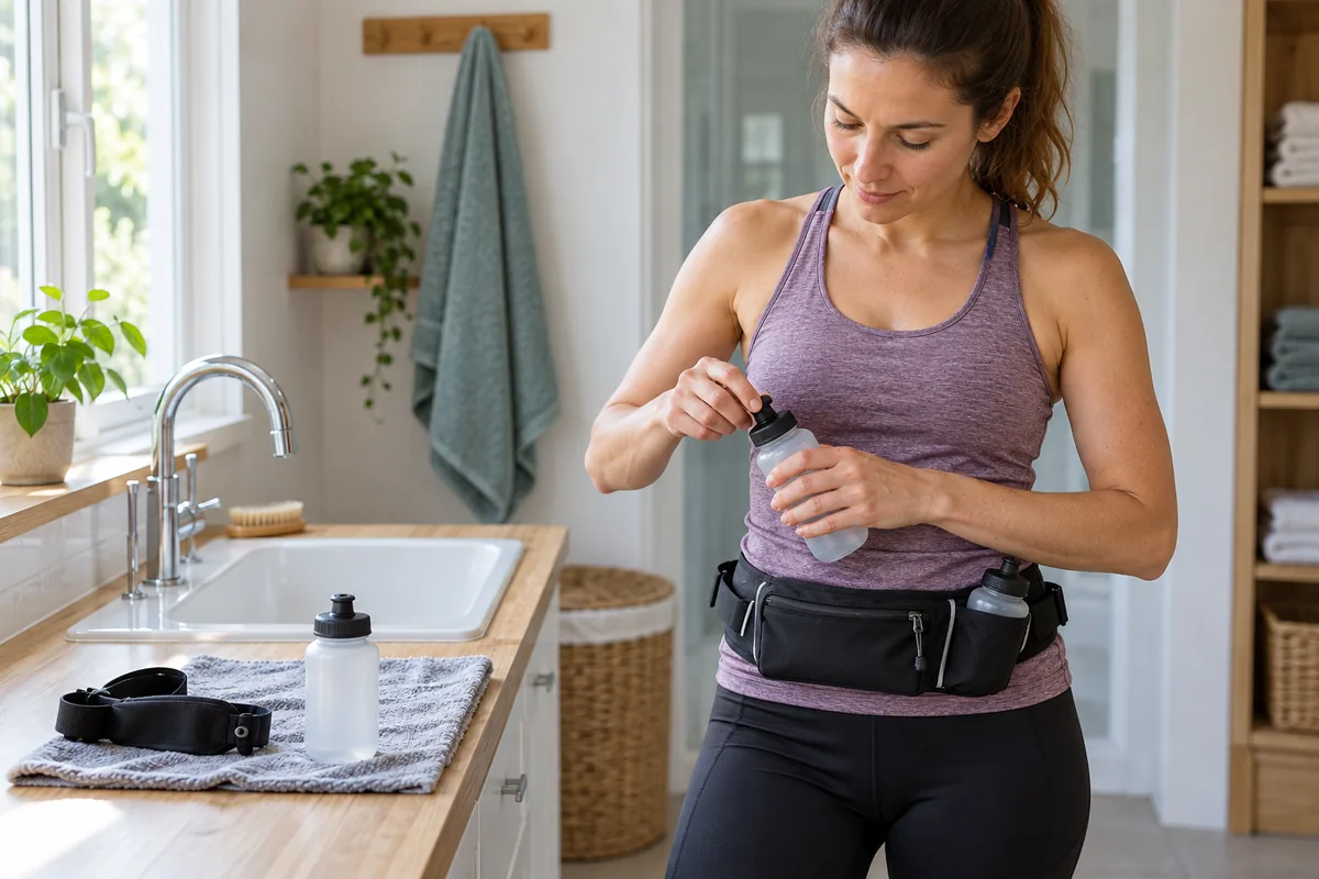 Une coureuse ajuste une ceinture d’hydratation et vérifie sa gourde dans une salle de bain.
