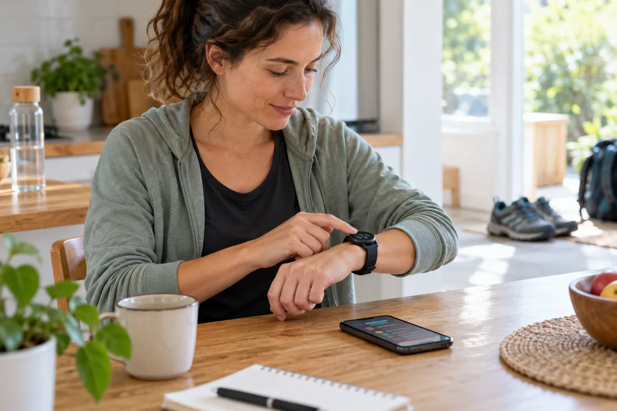 Femme touchant l'écran de sa montre connectée, assise à une table où sont posés son téléphone, une tasse et un carnet