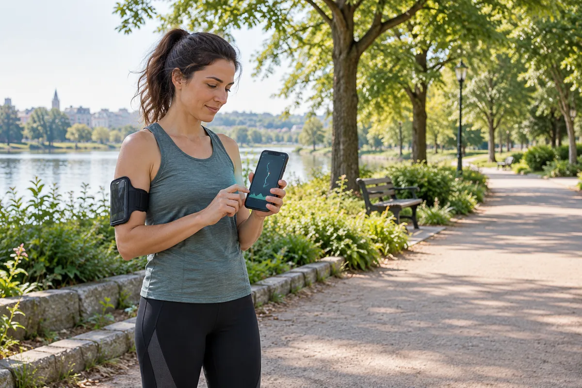 Une coureuse consulte son téléphone dans un parc avant une séance, avec un brassard fixé au bras.