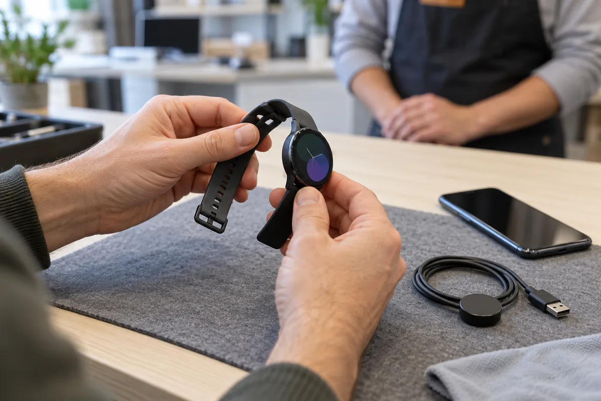 Au comptoir d’un magasin, des mains examinent l’état d’une montre connectée, posée près de son câble de charge et d’un téléphone.