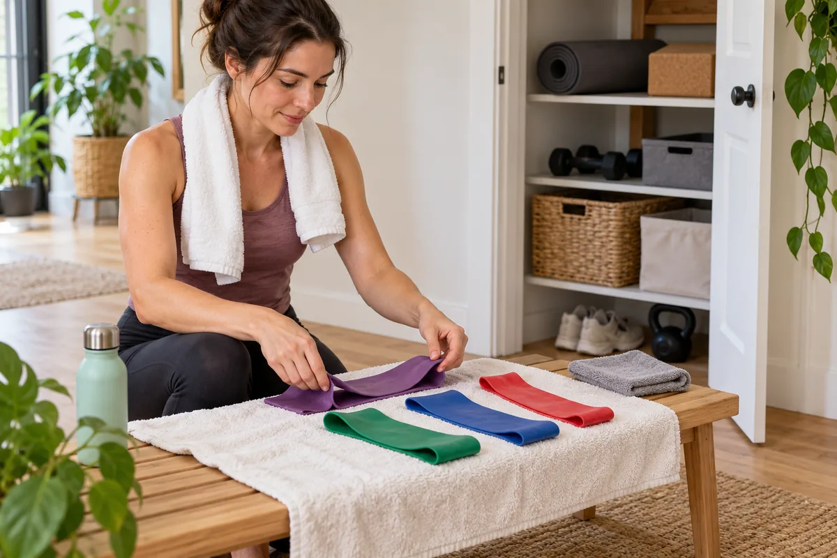 Femme étalant des élastiques de musculation de couleur à plat sur une serviette, près d'un placard de rangement ouvert et aéré.