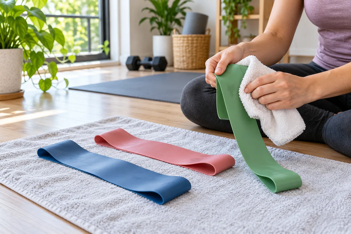 Mains essuyant un élastique vert avec une serviette douce, pendant que deux autres élastiques sèchent dépliés à plat au sol.