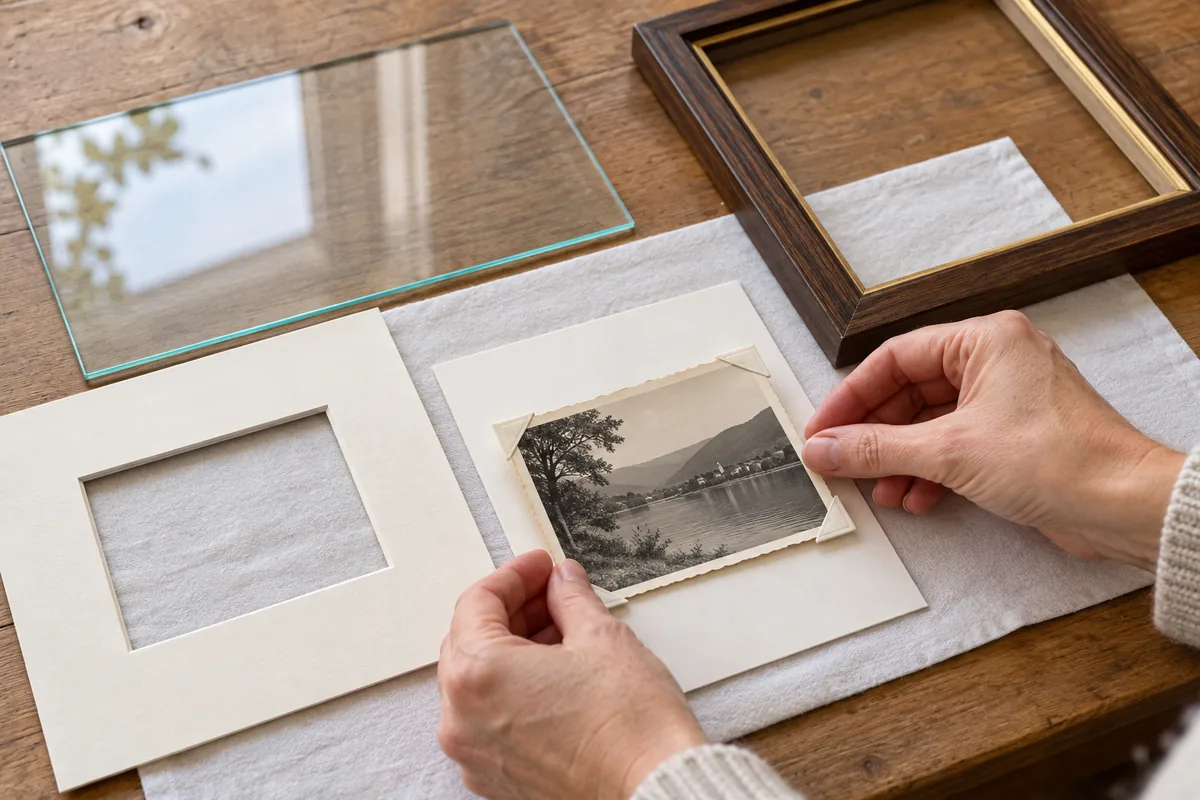 Photographie ancienne tenue par des coins sur un carton de montage, à côté d'un passe-partout, d'une vitre et d'un cadre.
