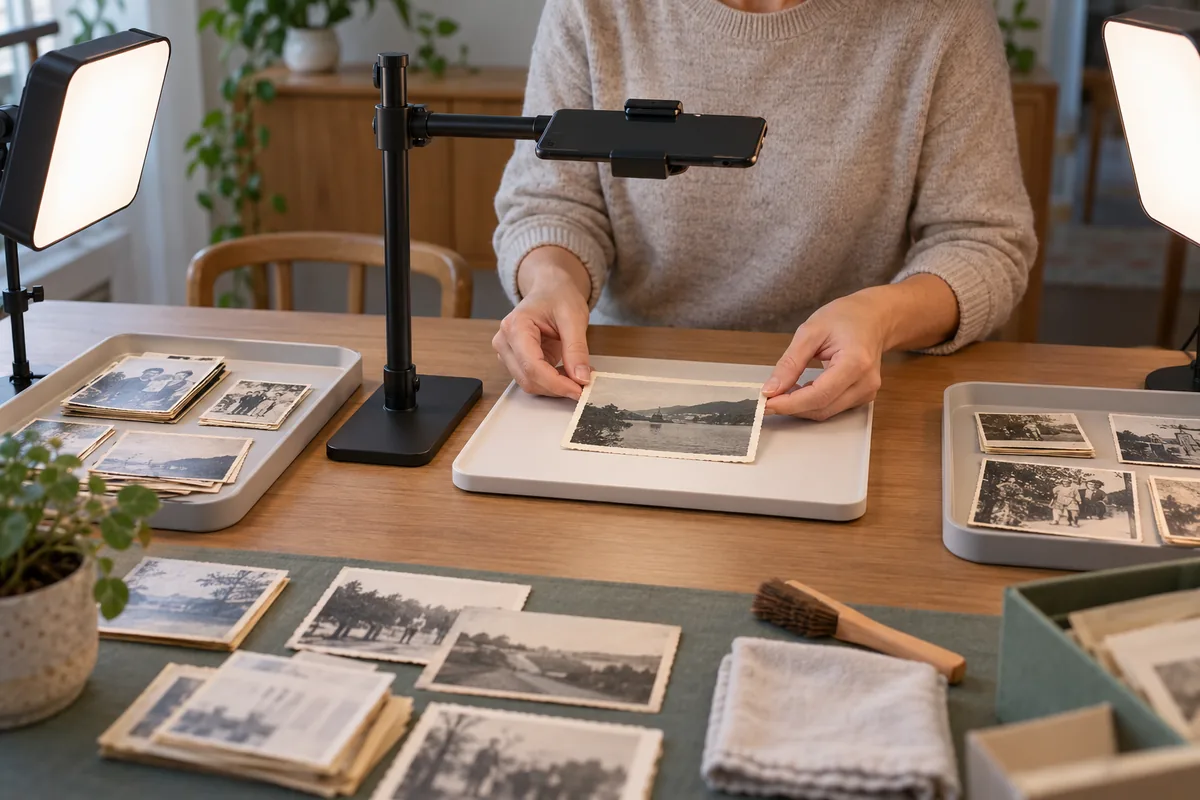 Mains posant une photo ancienne sur un plateau sous un téléphone fixé à un support, entre deux lampes et des photos triées.