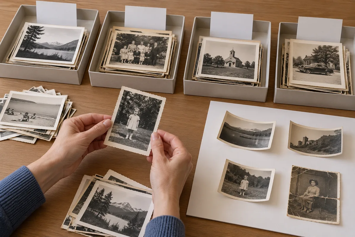 Photos anciennes triées dans des boîtes par thème, une photo tenue par les bords et des tirages abîmés isolés à part.