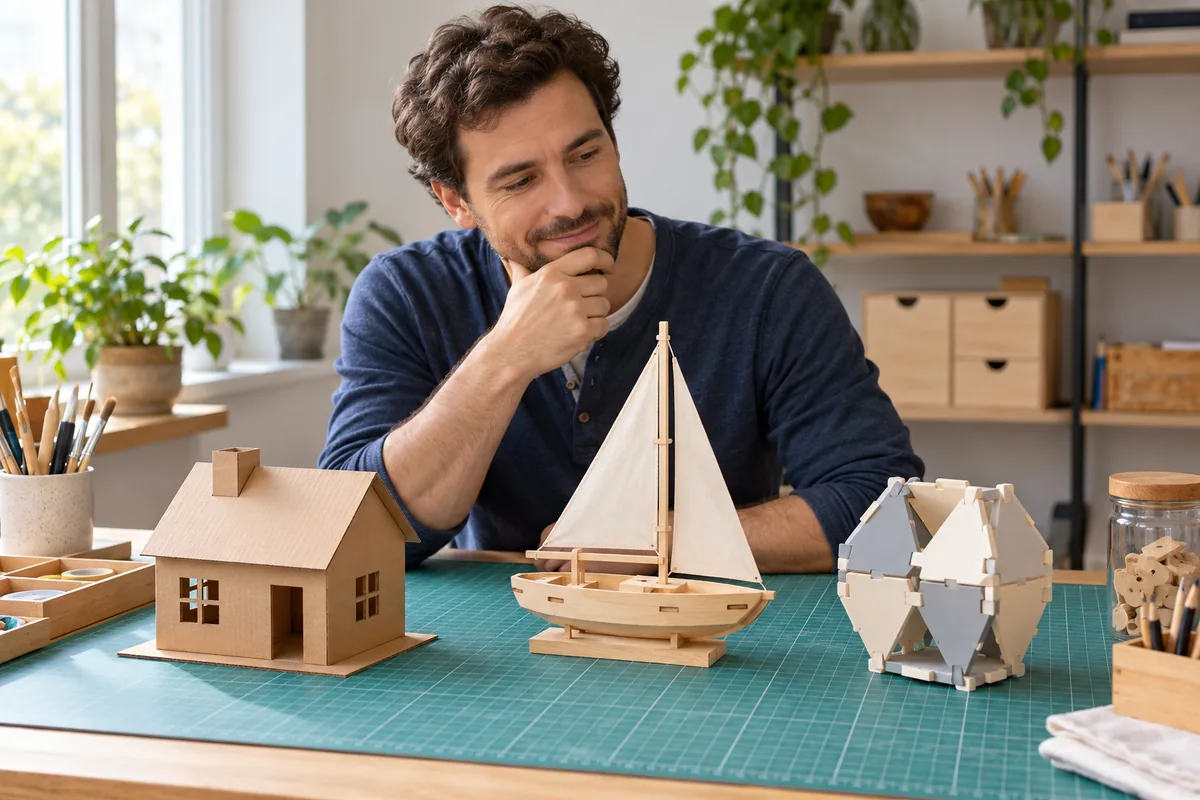 Homme hésitant devant trois maquettes sur un tapis de découpe : maison en carton, voilier en bois et volume géométrique.