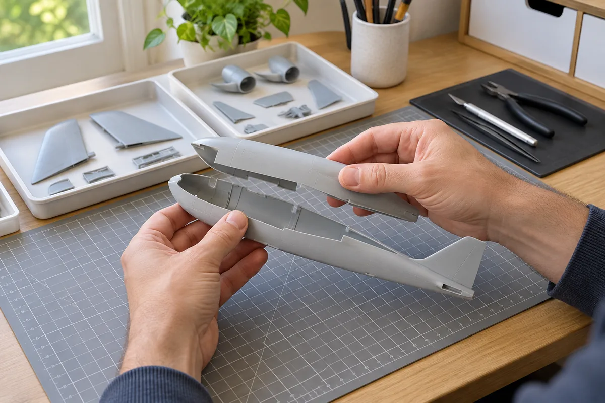 Mains ajustant à sec deux moitiés de fuselage d'une maquette d'avion, pièces triées dans des bacs blancs à côté.