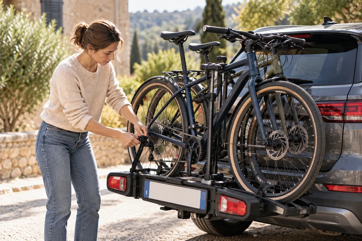 Voiture équipée d'un porte-vélos à l'arrière avec deux vélos