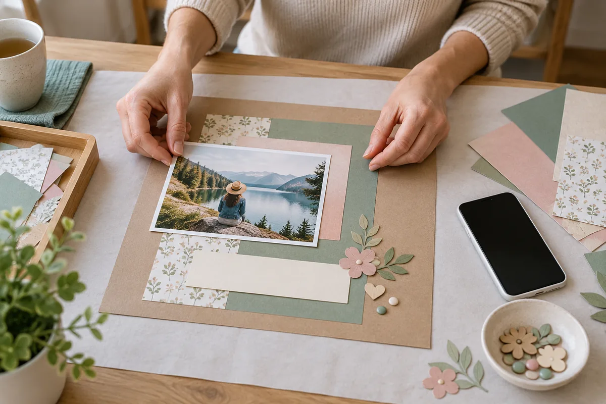 Des mains disposent une photo de paysage sur une page de scrapbooking, entourée de papiers et de décorations.