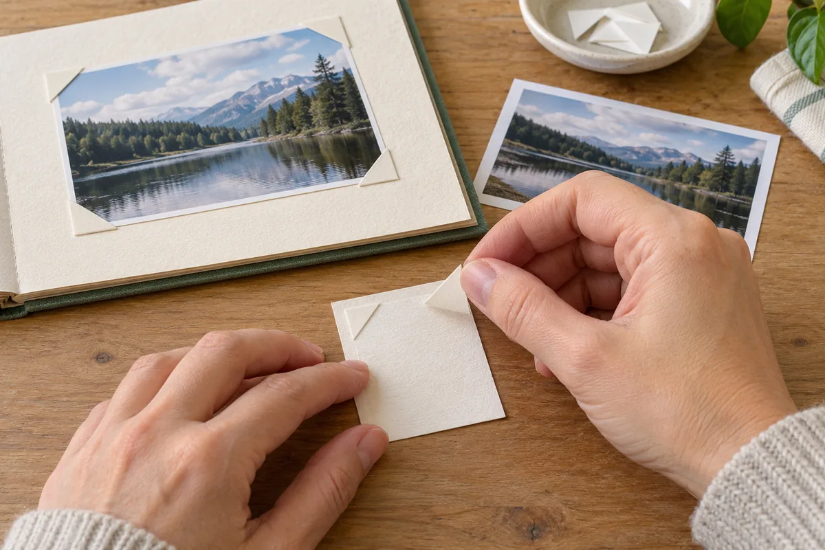 Des mains testent un coin photo sur une chute de papier, près d’un album où une photo est maintenue par des coins.