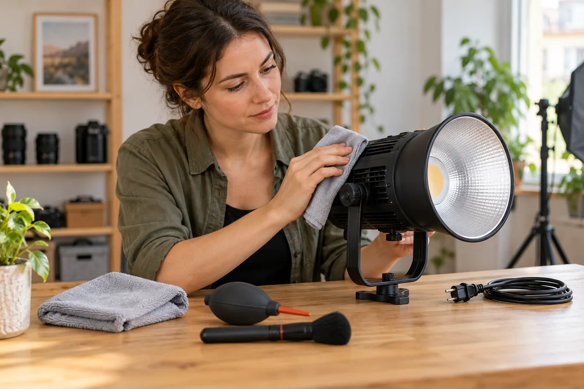 Femme essuyant un projecteur de studio débranché avec une microfibre, câble posé à côté, poire soufflante et pinceau sur la table.