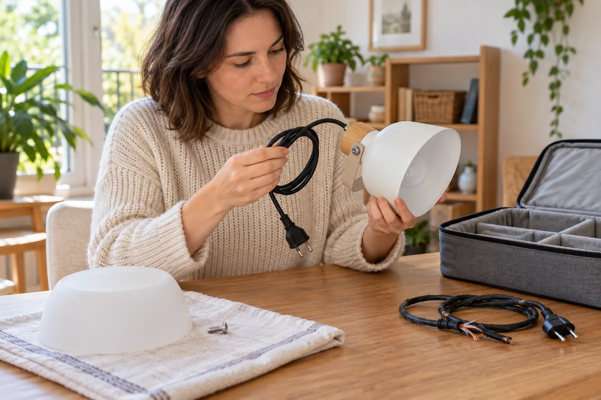 Femme inspectant le câble d'une lampe avant rangement ; un câble abîmé aux fils dénudés est écarté sur la table.