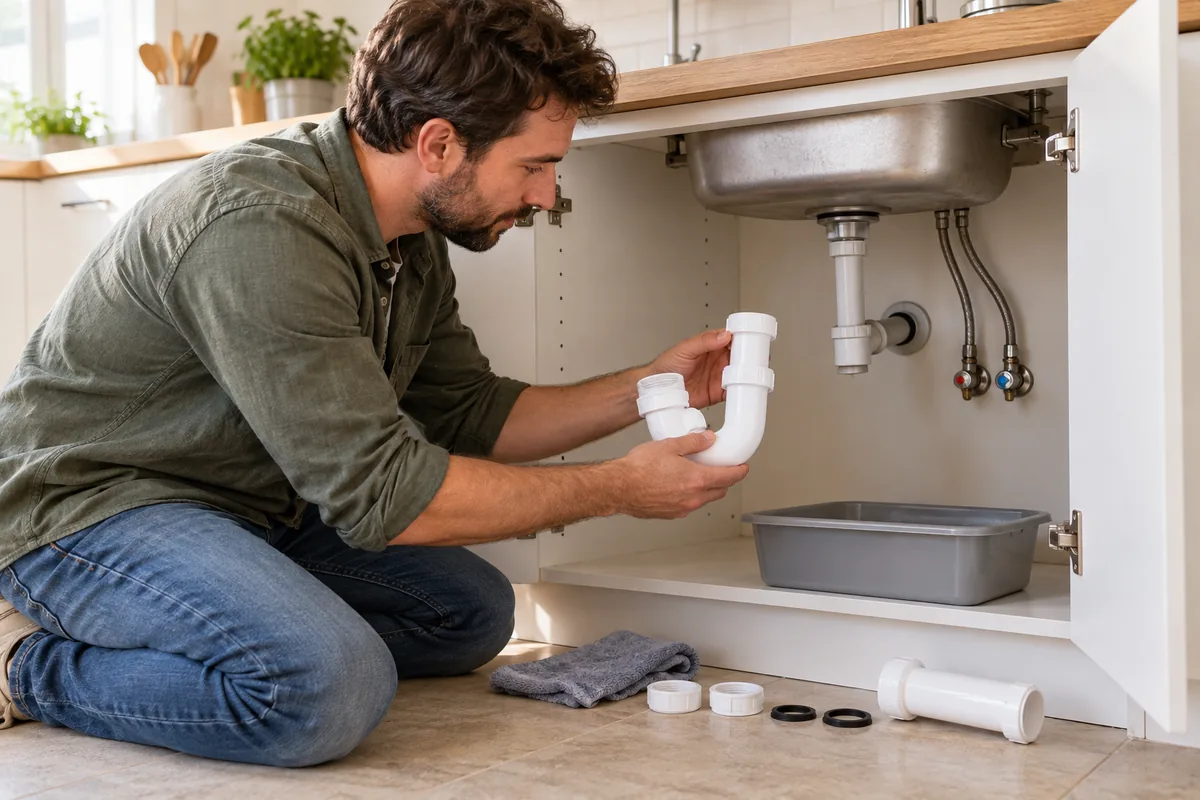 Homme présentant un siphon sous un évier, bassine dans le meuble vidé, chiffon, écrous et joints posés au sol.