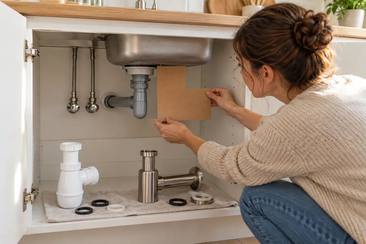 Sous un évier, une femme mesure l’espace avec un gabarit en carton ; deux siphons et des joints attendent dessous.