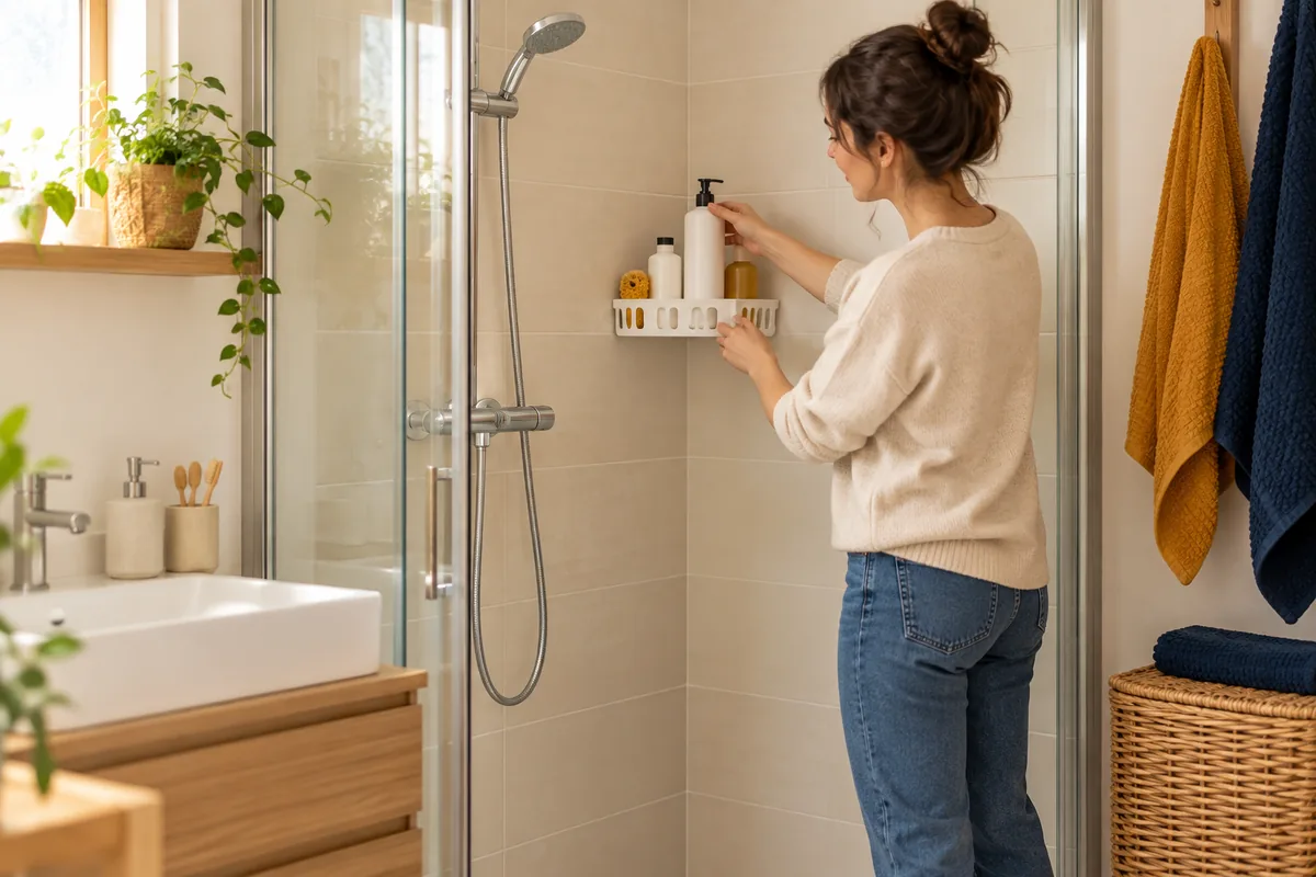 Femme rangeant des flacons sur une étagère d'angle fixée dans une douche aux carreaux clairs, flexible et pommeau visibles.