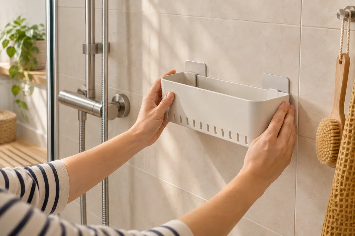 Mains fixant un panier de rangement blanc à pattes adhésives sur le carrelage d'une douche, près de la barre et du mitigeur.