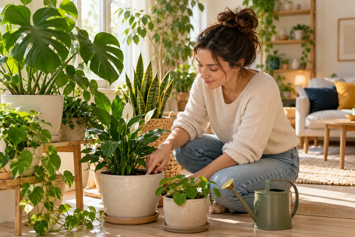 Une femme accroupie touche le terreau d’une plante en pot, entourée de plantes d’intérieur et d’un arrosoir.