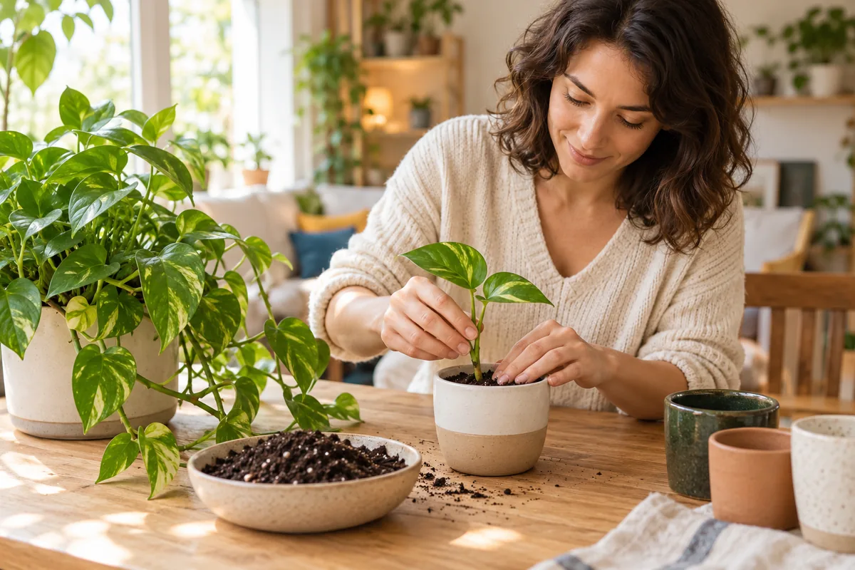 Une femme repique une bouture dans un petit pot de terreau, à côté de la plante dont elle provient.