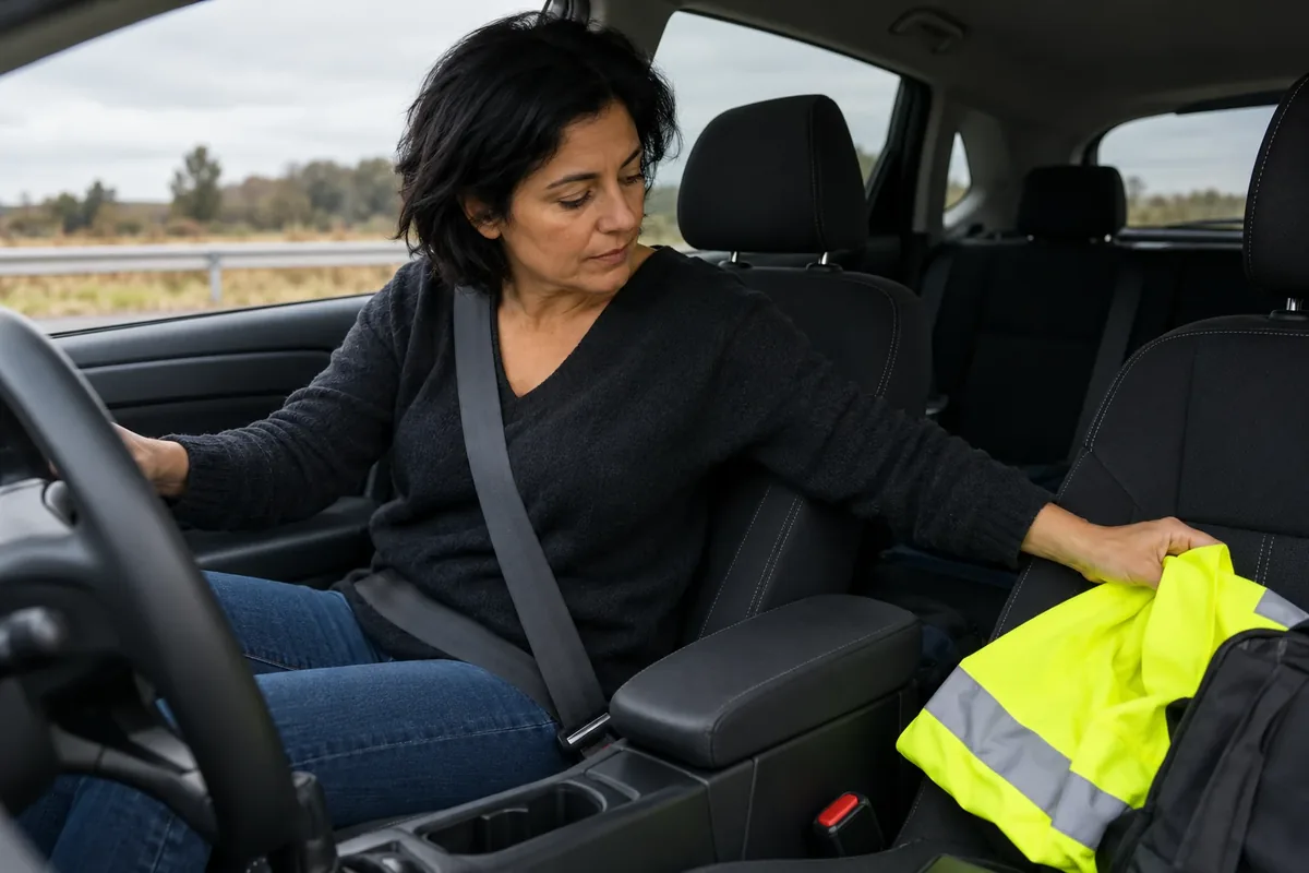 Une conductrice atteint un gilet haute visibilité depuis l'habitacle.