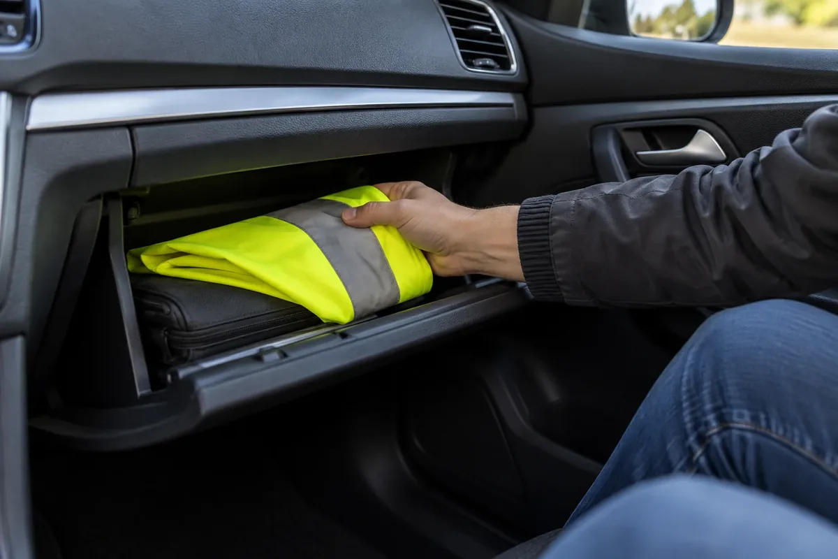 Une main prend un gilet rangé à portée de main dans la voiture.