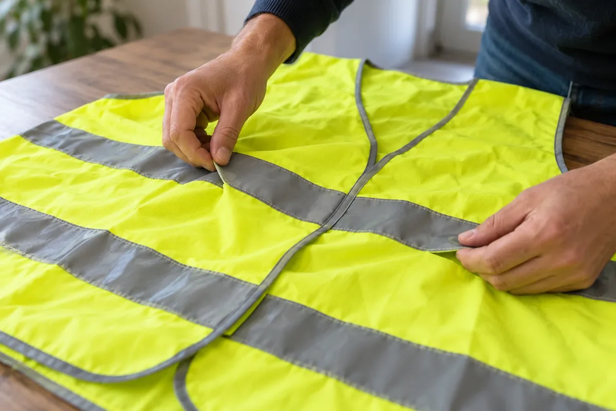 Des mains contrôlent les bandes réfléchissantes d'un gilet posé à plat.