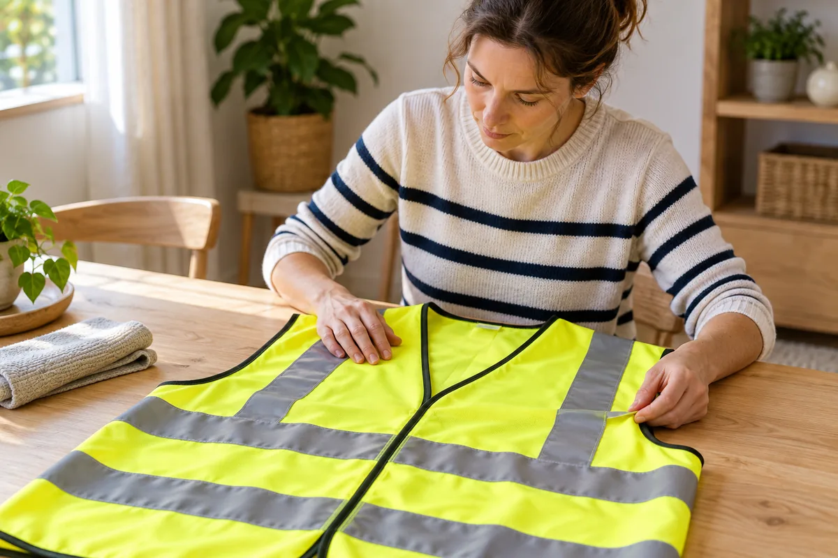 Personne examinant un gilet haute visibilité jaune à bandes réfléchissantes grises, déplié à plat sur une table en bois propre.