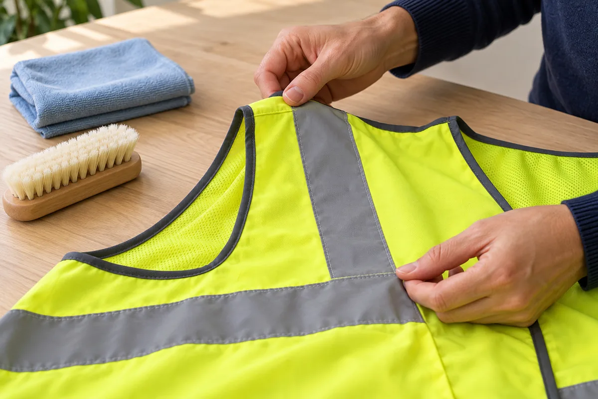 Mains inspectant de près l'épaule et la couture d'une bande réfléchissante d'un gilet jaune, à côté d'une brosse et d'une microfibre.