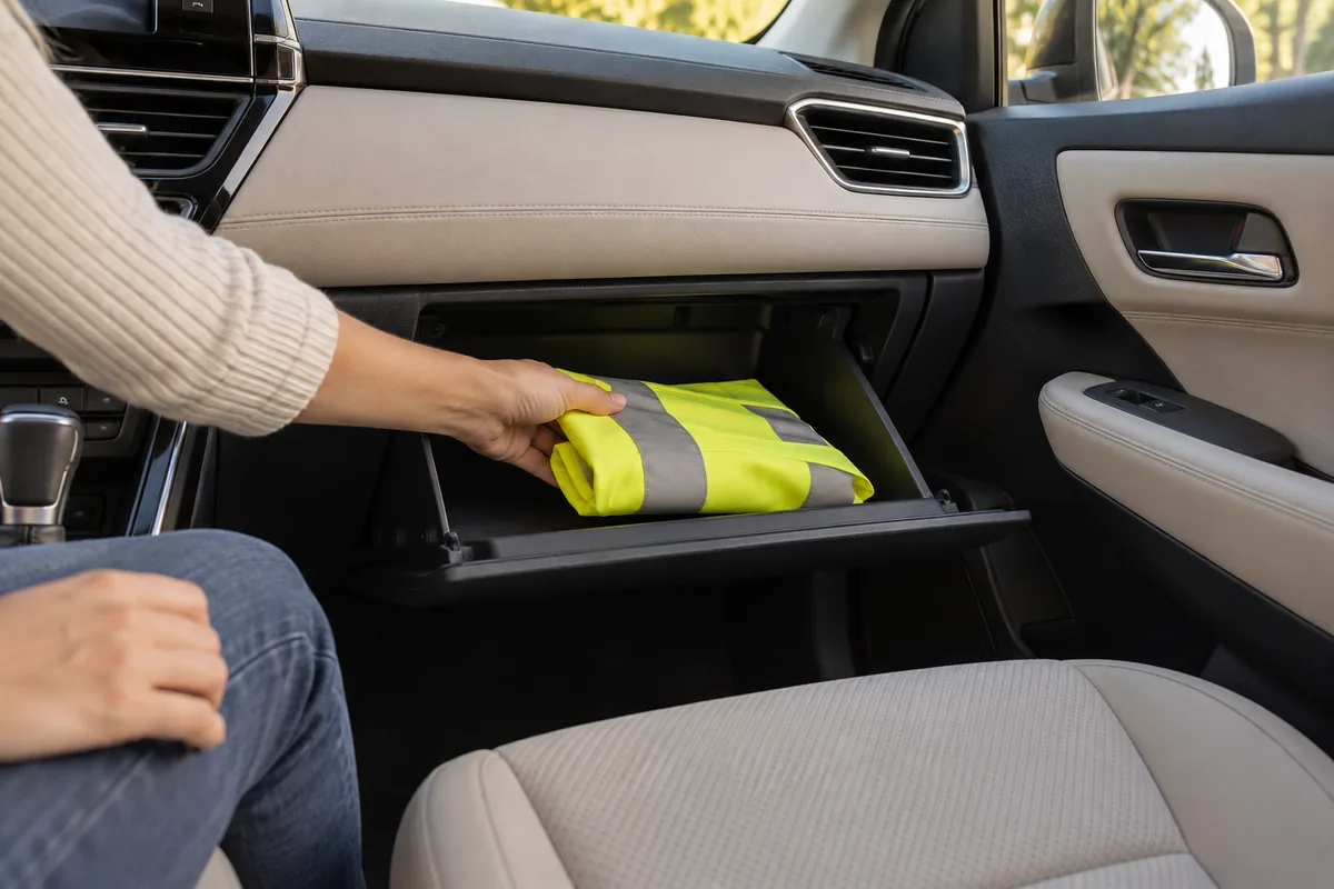 Main rangeant un gilet réfléchissant jaune plié dans la boîte à gants ouverte d'une voiture, à portée depuis le siège avant.