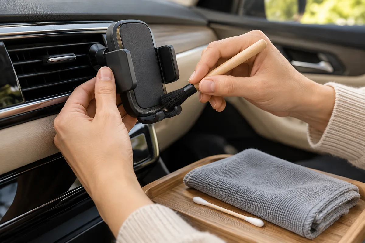 Pinceau souple passé sur les mâchoires d'un support de téléphone, avec chiffon microfibre et coton-tige posés sur un plateau.