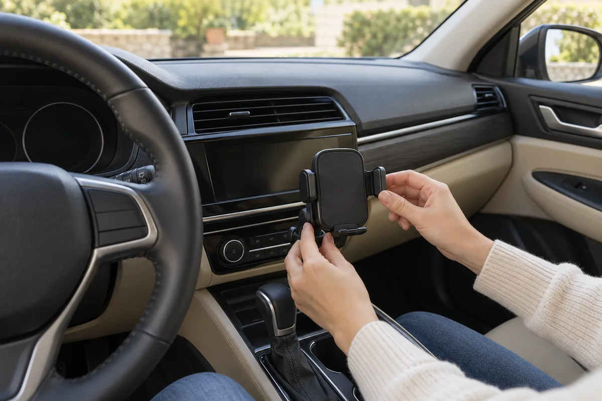 Personne assise au volant ajustant un support de téléphone vide fixé bas sur la console centrale, voiture immobile.
