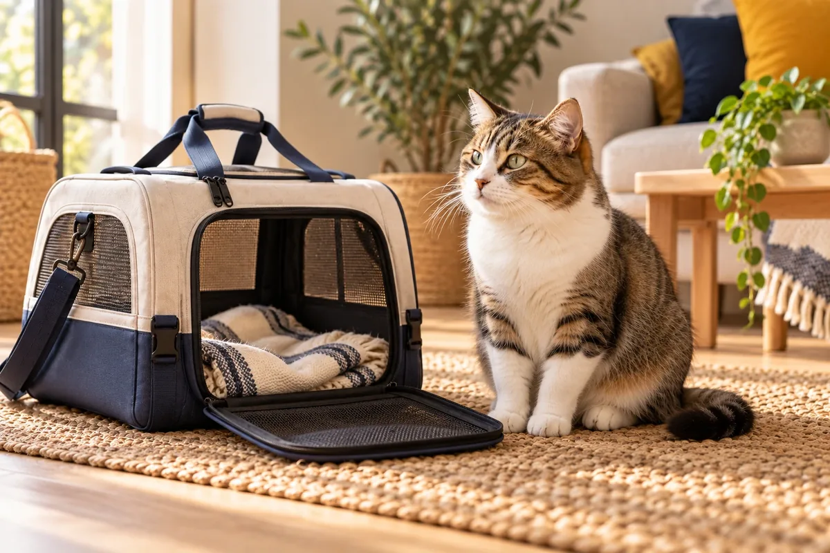 Chat calme près d'une caisse de transport ouverte dans un salon
