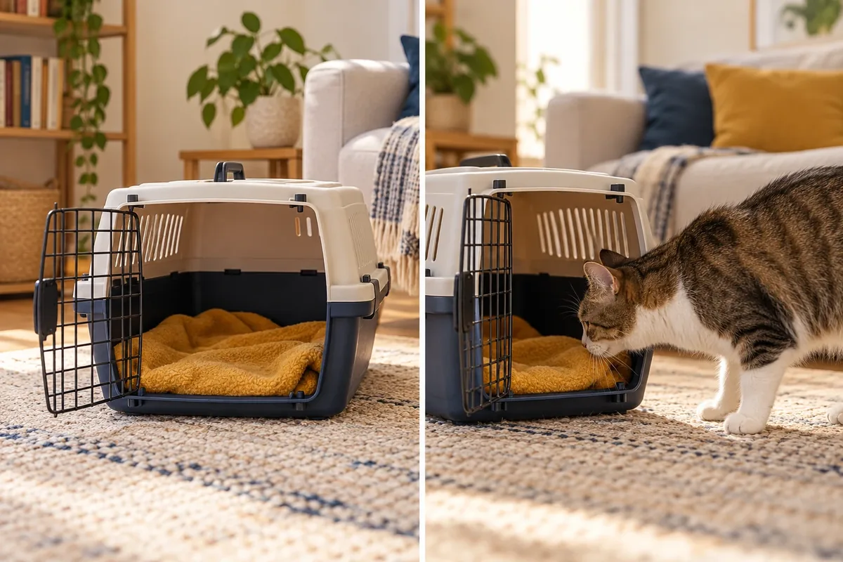 Caisse de transport ouverte avec couverture familière, chat s'approchant librement