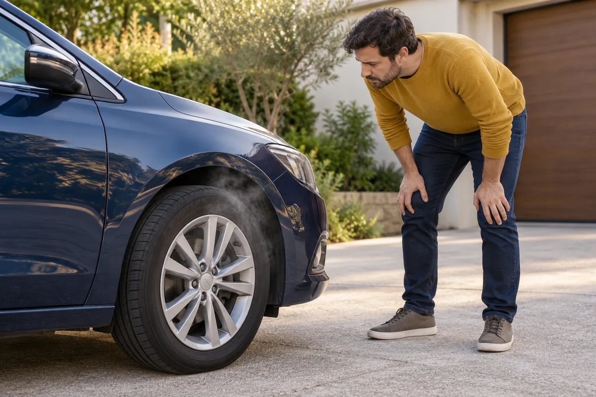 Un homme penché à distance d’une voiture arrêtée observe une roue avant d’où s’échappe une légère fumée.