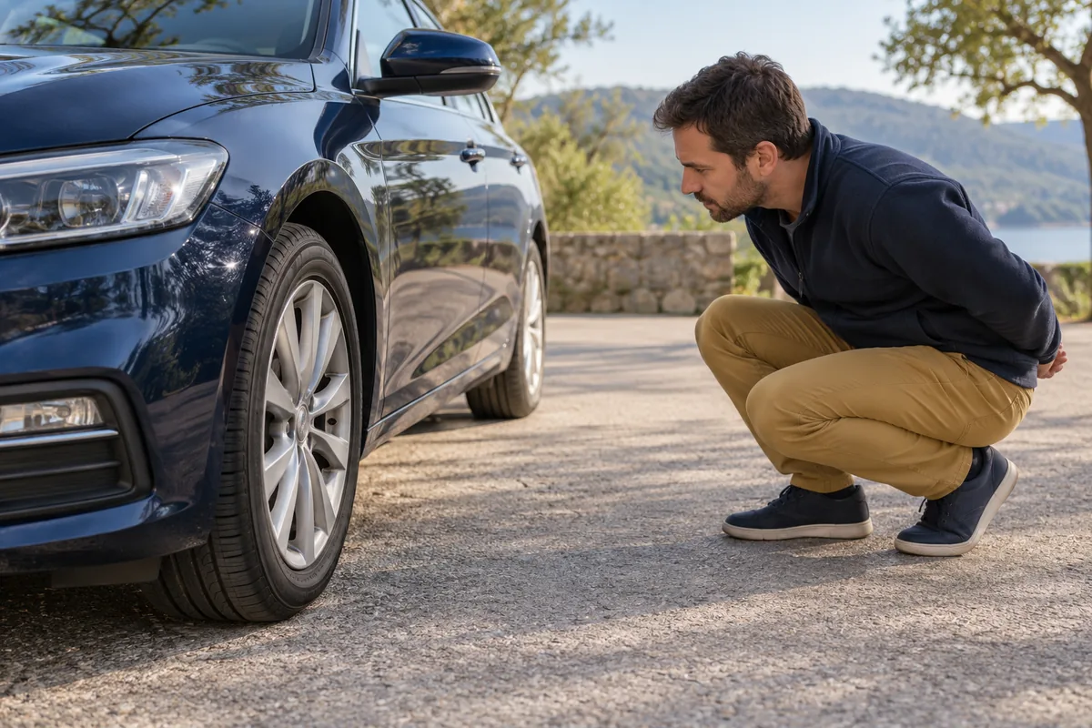 Un homme accroupi, mains derrière le dos, examine du regard la roue avant d’une voiture à l’arrêt, sans y toucher.