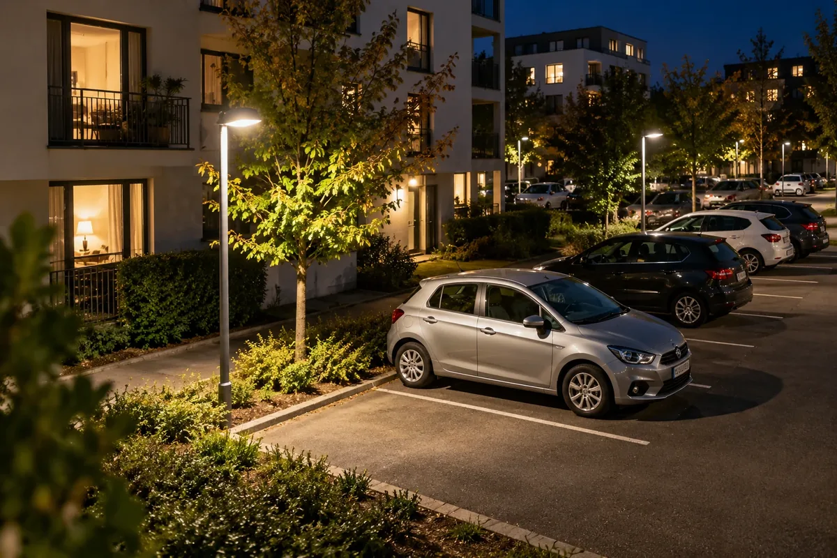 Une voiture est stationnée dans un emplacement éclairé et dégagé.
