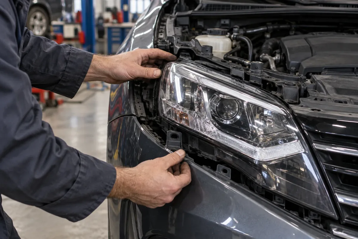 Un professionnel examine les fixations d'un phare sur une voiture arrêtée.