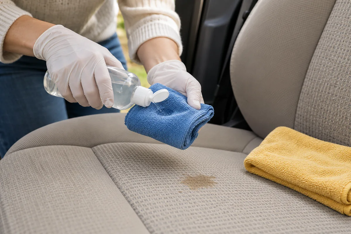 Mains gantées versant un peu de solution sur une microfibre bleue au-dessus d'une tache de siège en tissu, un chiffon sec posé à côté.