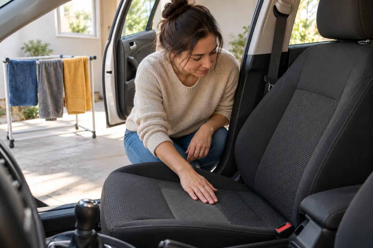 Femme touchant un siège en tissu qui sèche, portières ouvertes, tandis que des chiffons sèchent sur un étendoir dans le garage.