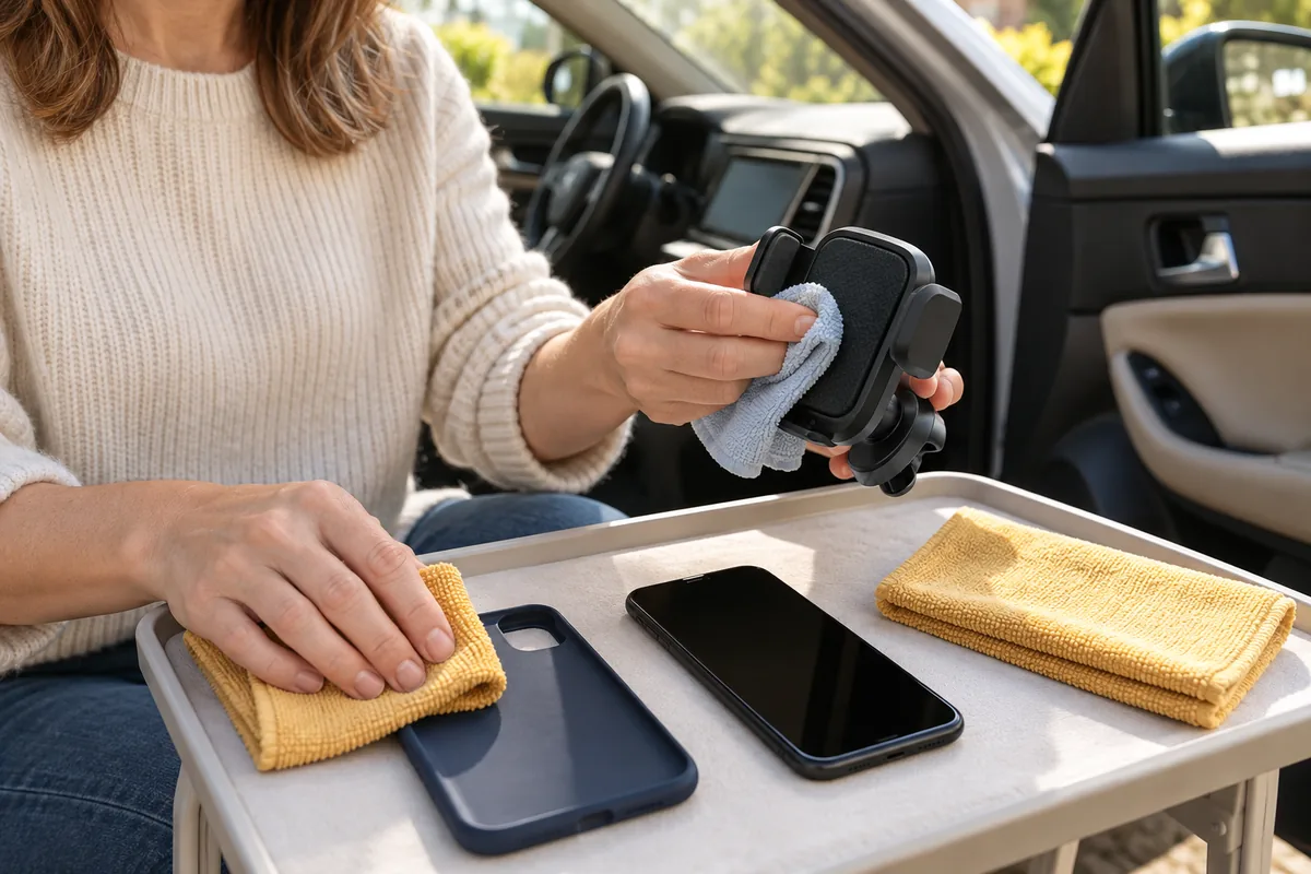 Une femme essuie un support de téléphone avec une microfibre, la coque et le téléphone posés à part sur un plateau.